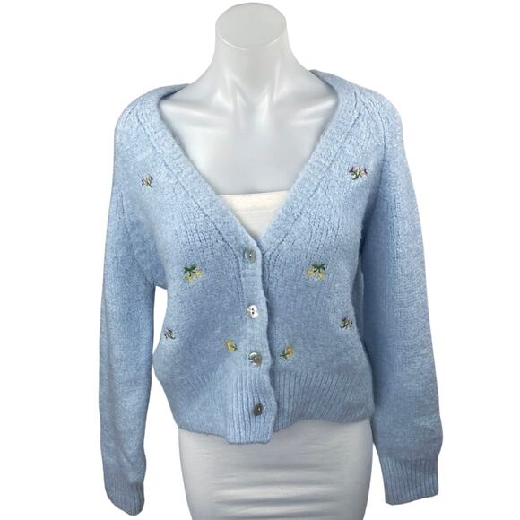 Zara Blue Yellow Embroidered Floral Long Sleeve Button Up Cardigan Sweater Top S - Picture 1 of 3